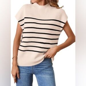 New‎ Merokeety Cream Stripe Mock Neck Oversized Sweater